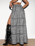 Black & White Plaid Tiered Maxi Skirt with Front Slit