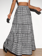 Black & White Plaid Tiered Maxi Skirt with Front Slit