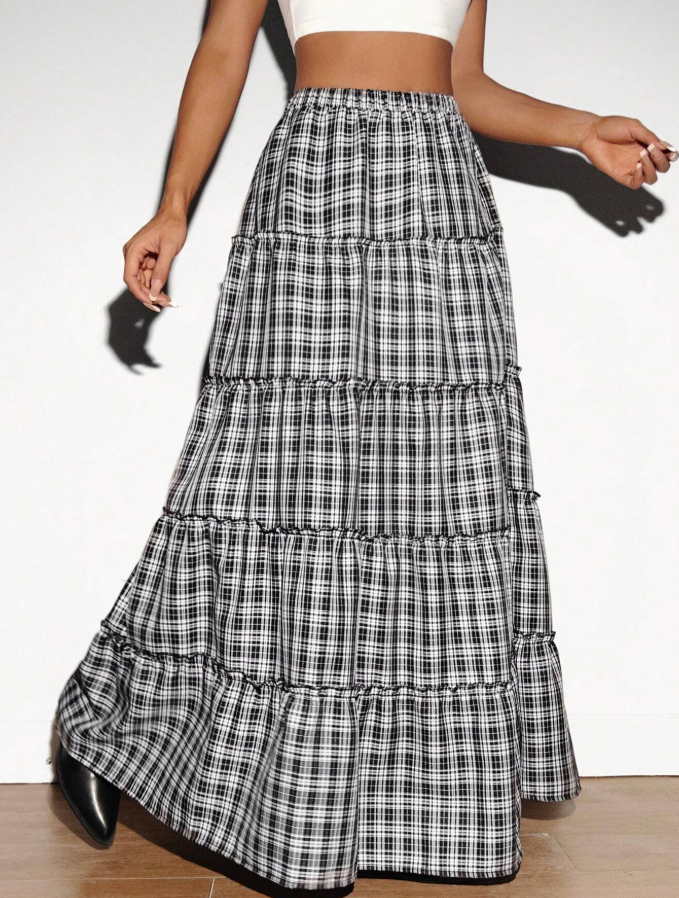 Black & White Plaid Tiered Maxi Skirt with Front Slit