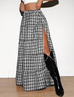 Black & White Plaid Tiered Maxi Skirt with Front Slit