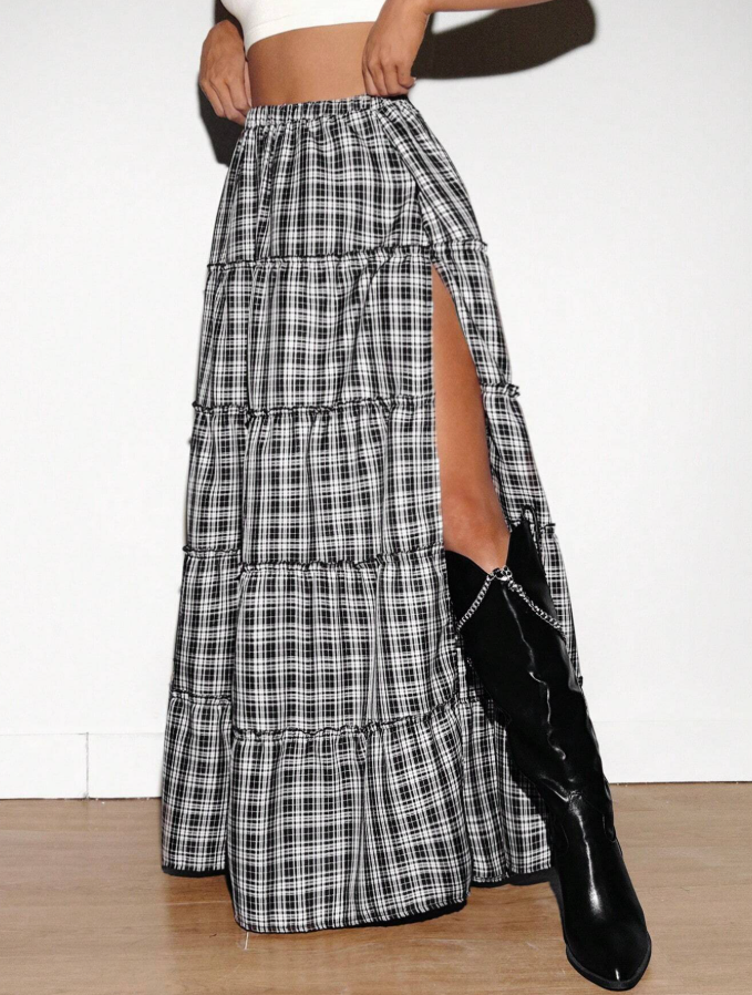 Black & White Plaid Tiered Maxi Skirt with Front Slit