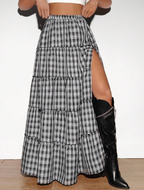 Black & White Plaid Tiered Maxi Skirt with Front Slit