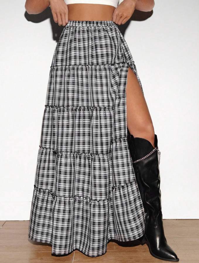 Black & White Plaid Tiered Maxi Skirt with Front Slit