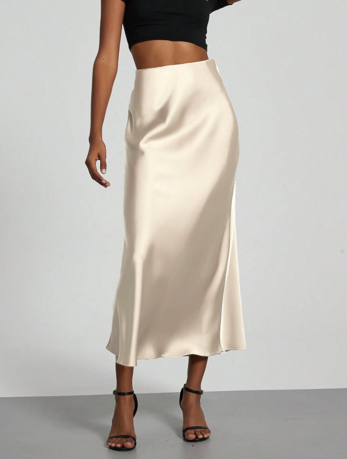 Ivory Satin Slip Midi Skirt