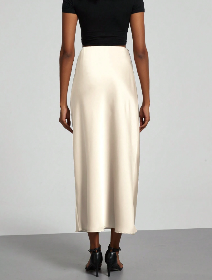 Ivory Satin Slip Midi Skirt