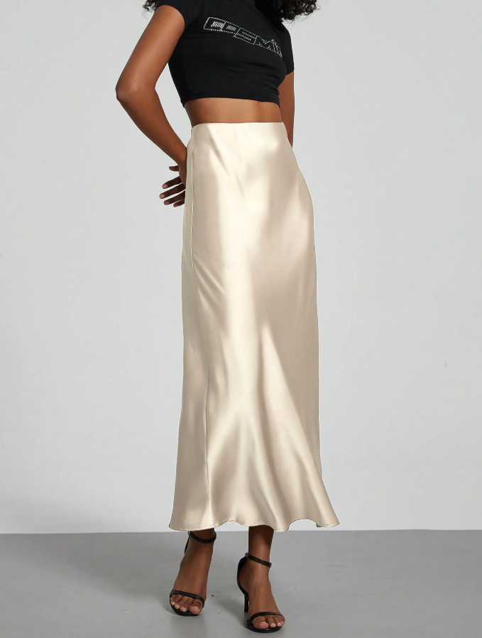 Ivory Satin Slip Midi Skirt