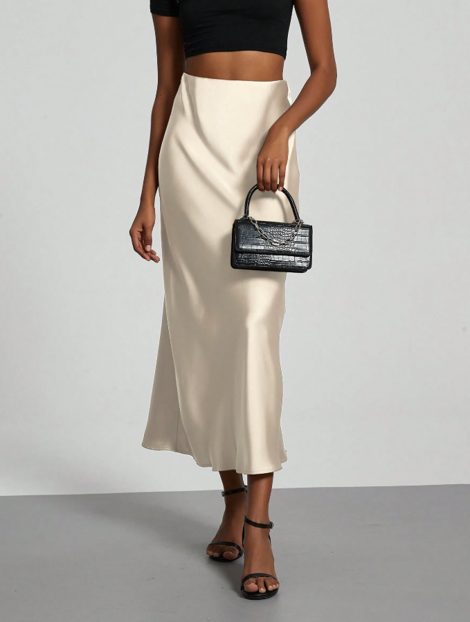 Ivory Satin Slip Midi Skirt