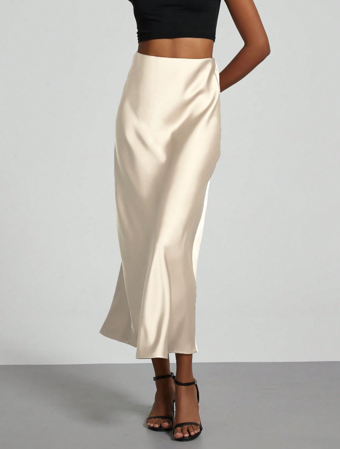 Ivory Satin Slip Midi Skirt