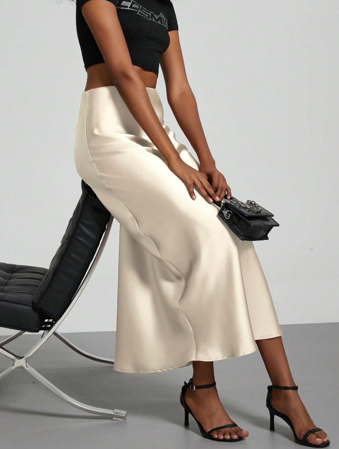 Ivory Satin Slip Midi Skirt