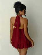 Burgundy Halter Tiered Mini Dress
