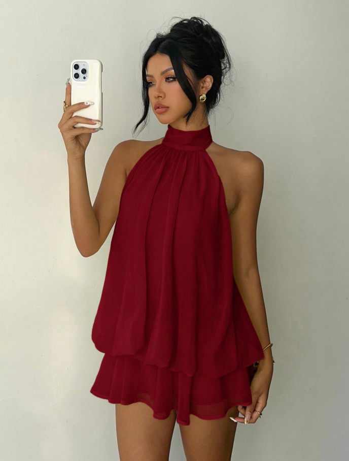 Burgundy Halter Tiered Mini Dress
