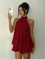 Burgundy Halter Tiered Mini Dress