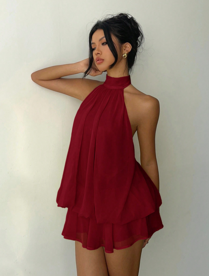 Burgundy Halter Tiered Mini Dress