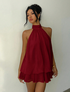 Burgundy Halter Tiered Mini Dress