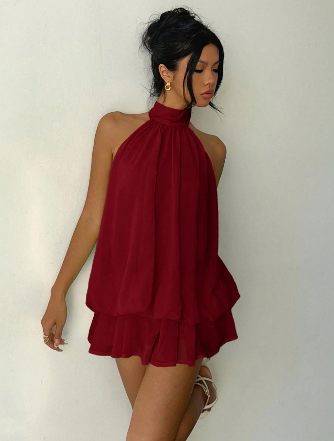 Burgundy Halter Tiered Mini Dress