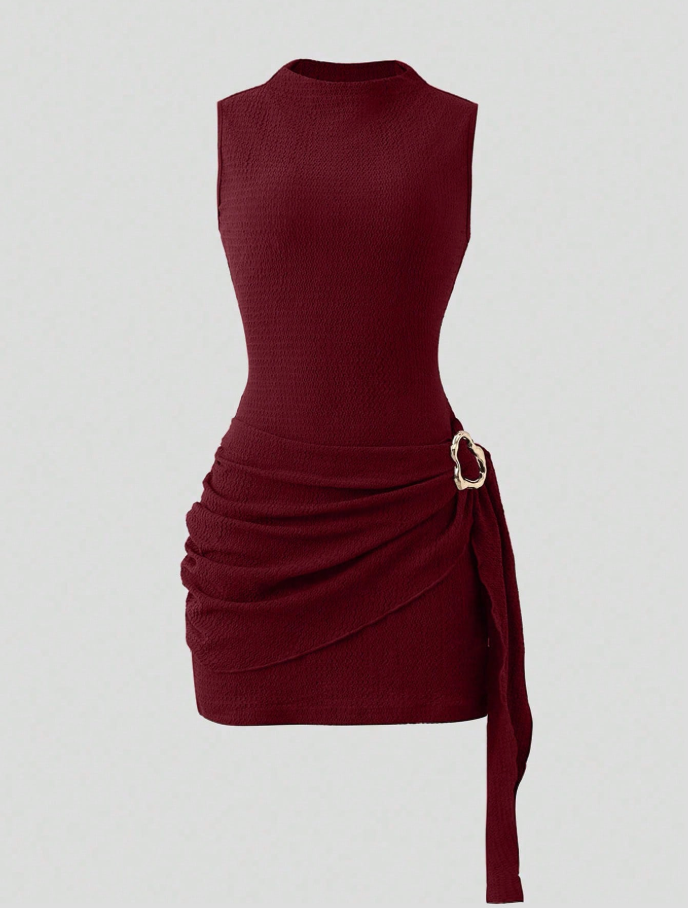 Burgundy Ruched Bodycon Mini Dress with Gold Buckle