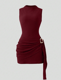 Burgundy Ruched Bodycon Mini Dress with Gold Buckle