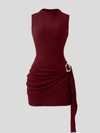 Burgundy Ruched Bodycon Mini Dress with Gold Buckle