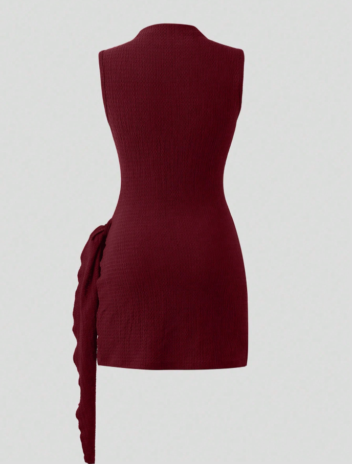Burgundy Ruched Bodycon Mini Dress with Gold Buckle