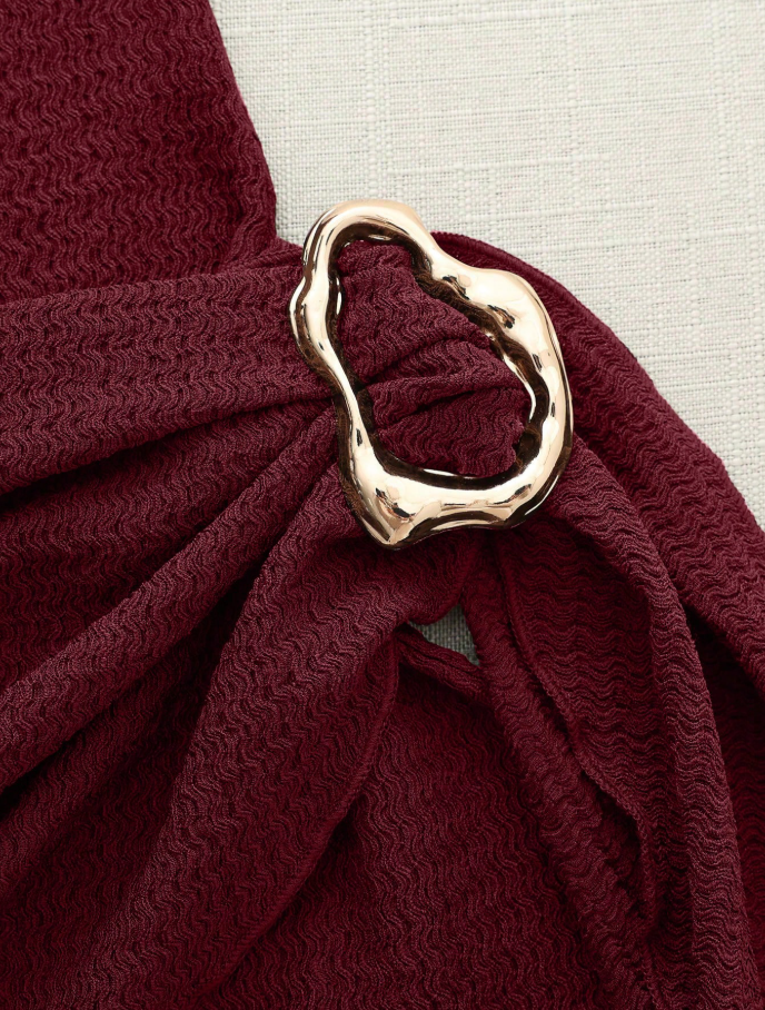 Burgundy Ruched Bodycon Mini Dress with Gold Buckle