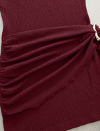 Burgundy Ruched Bodycon Mini Dress with Gold Buckle