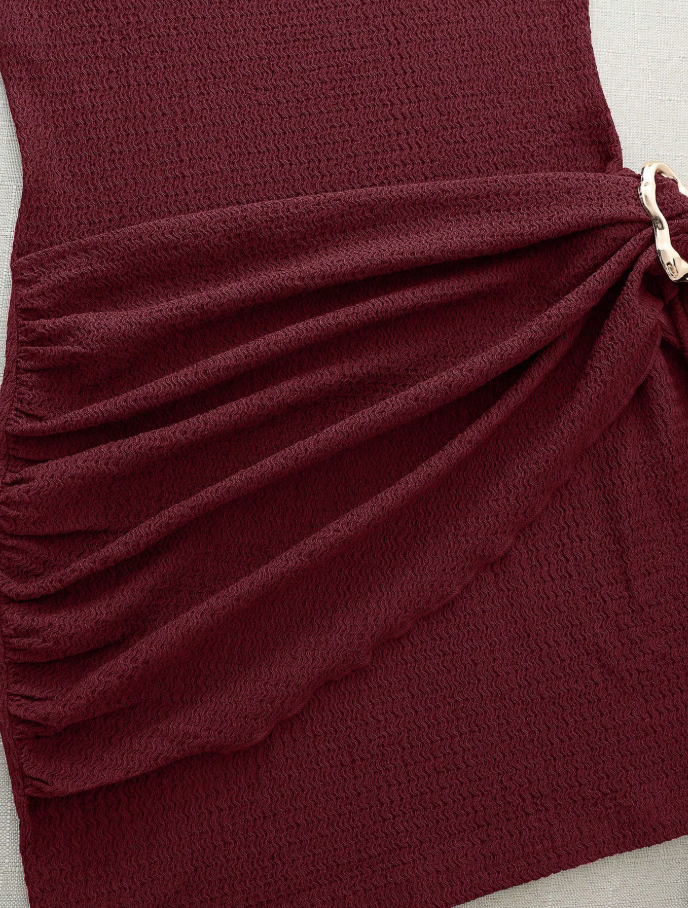 Burgundy Ruched Bodycon Mini Dress with Gold Buckle