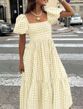 Sage Gingham Smocked Puff Sleeve Midi Dress
