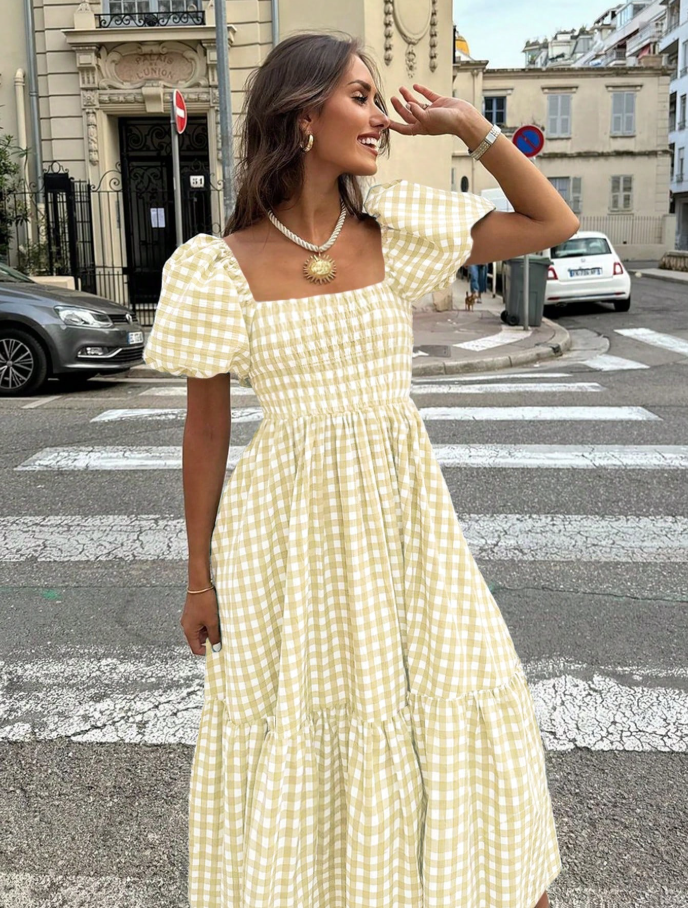 Sage Gingham Smocked Puff Sleeve Midi Dress