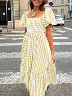 Sage Gingham Smocked Puff Sleeve Midi Dress