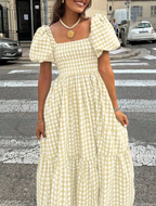 Sage Gingham Smocked Puff Sleeve Midi Dress