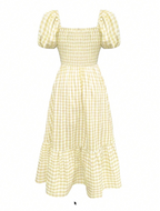 Sage Gingham Smocked Puff Sleeve Midi Dress