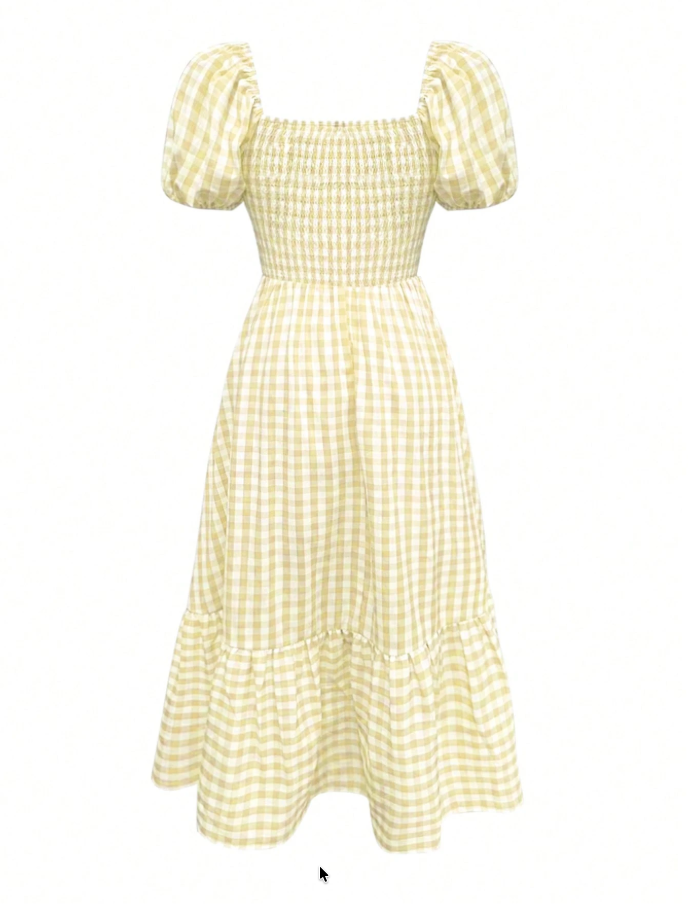 Sage Gingham Smocked Puff Sleeve Midi Dress