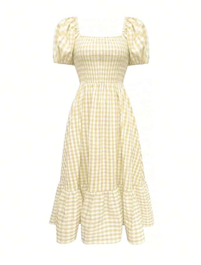 Sage Gingham Smocked Puff Sleeve Midi Dress