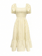 Sage Gingham Smocked Puff Sleeve Midi Dress