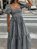 Black & White Gingham Smocked Puff Sleeve Midi Dress