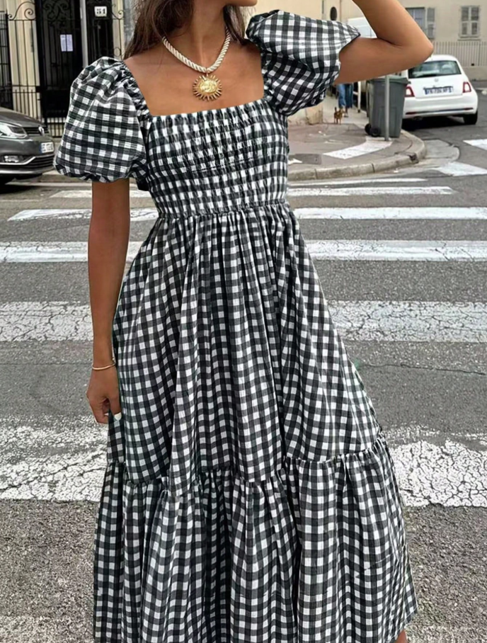 Black & White Gingham Smocked Puff Sleeve Midi Dress