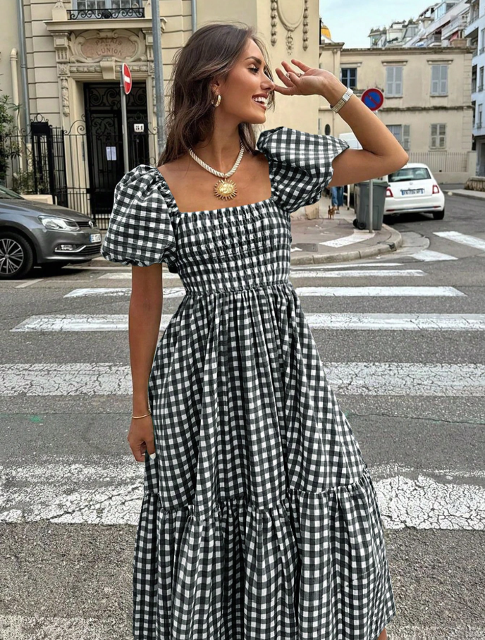 Black & White Gingham Smocked Puff Sleeve Midi Dress