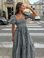 Black & White Gingham Smocked Puff Sleeve Midi Dress