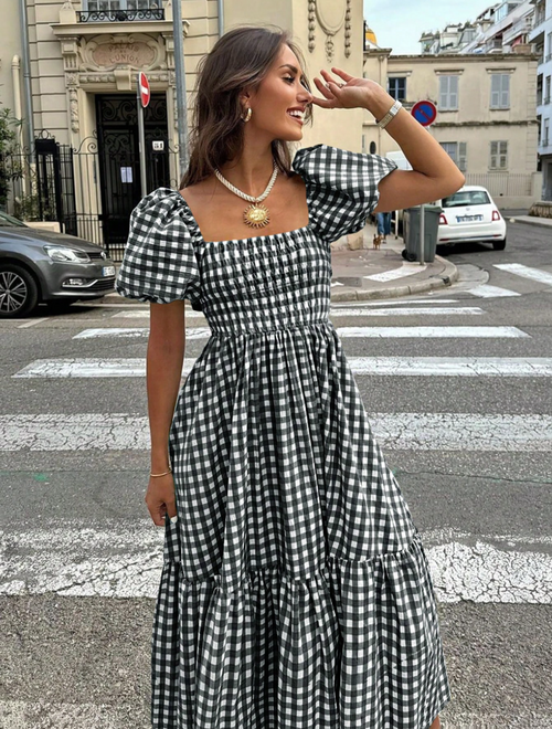 Black & White Gingham Smocked Puff Sleeve Midi Dress