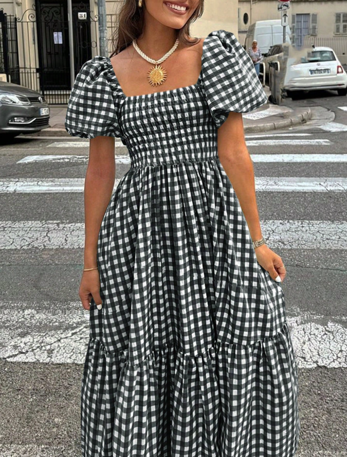 Black & White Gingham Smocked Puff Sleeve Midi Dress