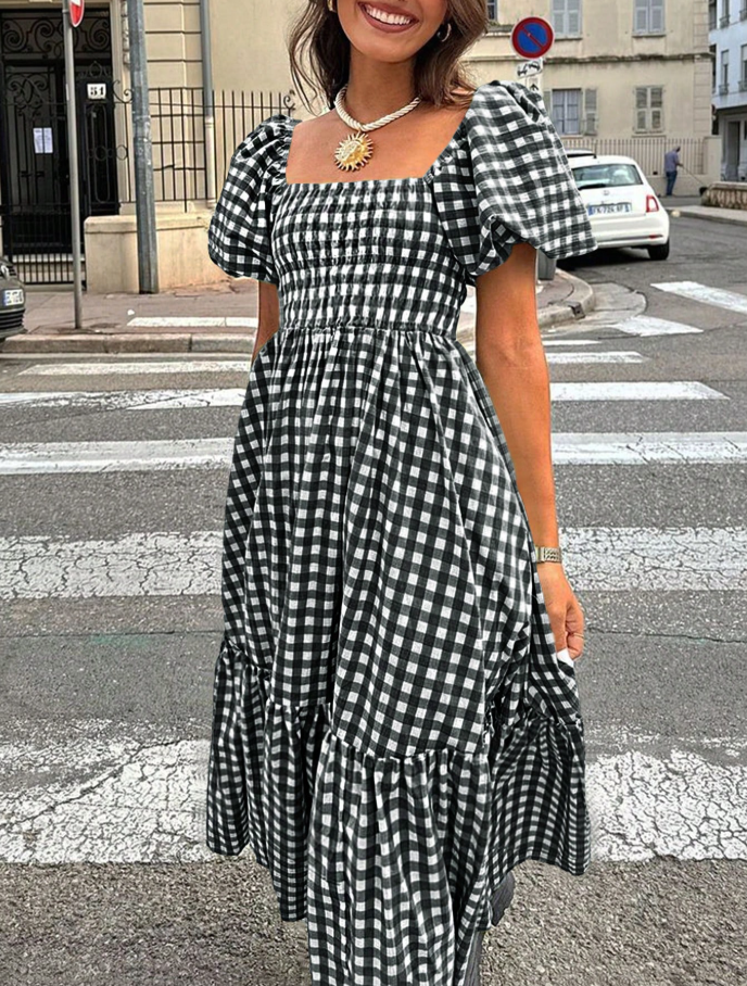Black & White Gingham Smocked Puff Sleeve Midi Dress
