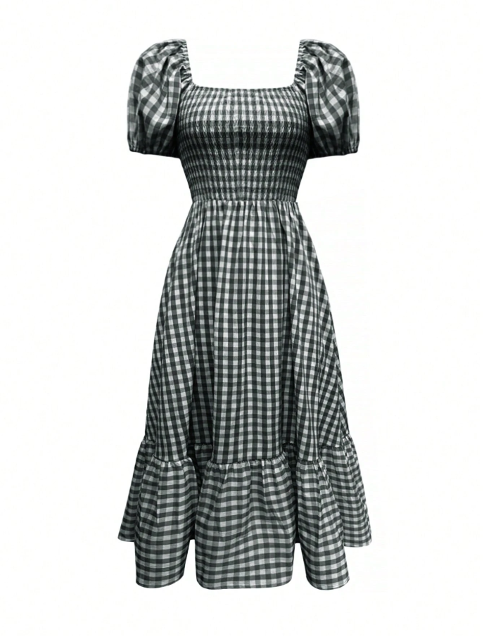 Black & White Gingham Smocked Puff Sleeve Midi Dress