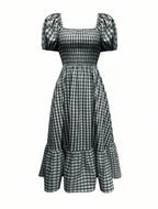 Black & White Gingham Smocked Puff Sleeve Midi Dress