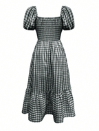 Black & White Gingham Smocked Puff Sleeve Midi Dress