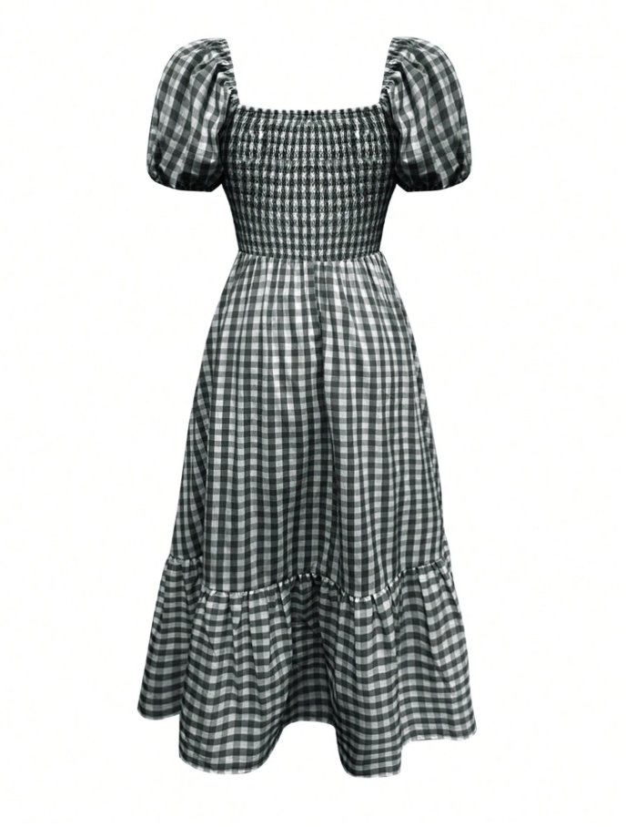 Black & White Gingham Smocked Puff Sleeve Midi Dress