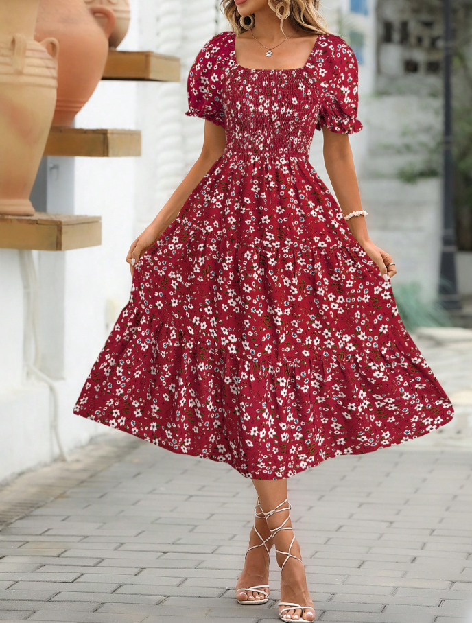 Red Floral Smocked Puff Sleeve Midi Dress