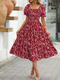 Red Floral Smocked Puff Sleeve Midi Dress