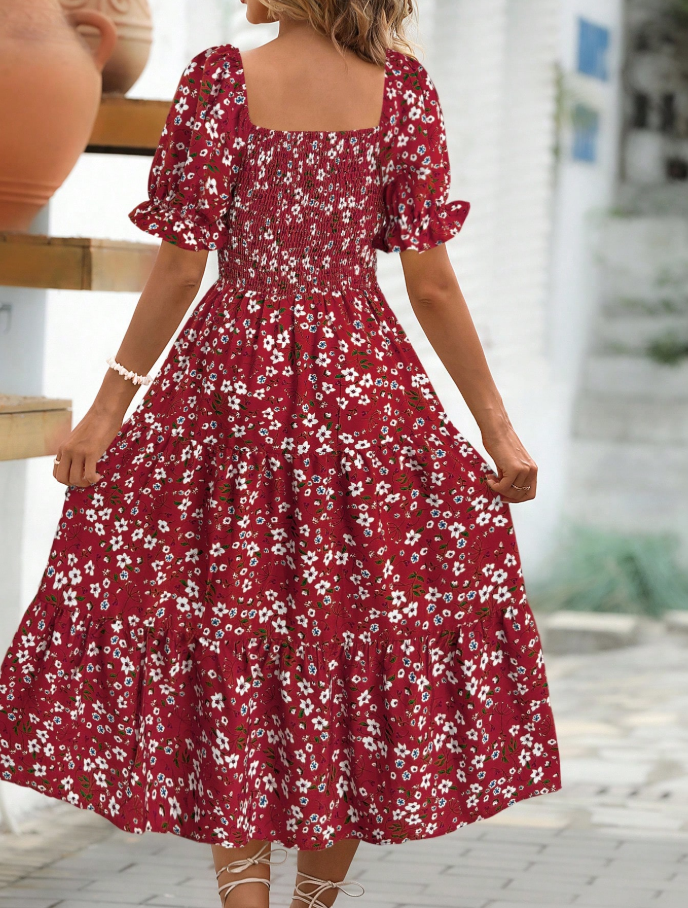 Red Floral Smocked Puff Sleeve Midi Dress