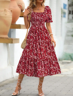 Red Floral Smocked Puff Sleeve Midi Dress