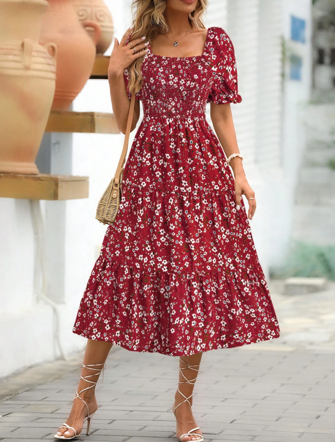 Red Floral Smocked Puff Sleeve Midi Dress